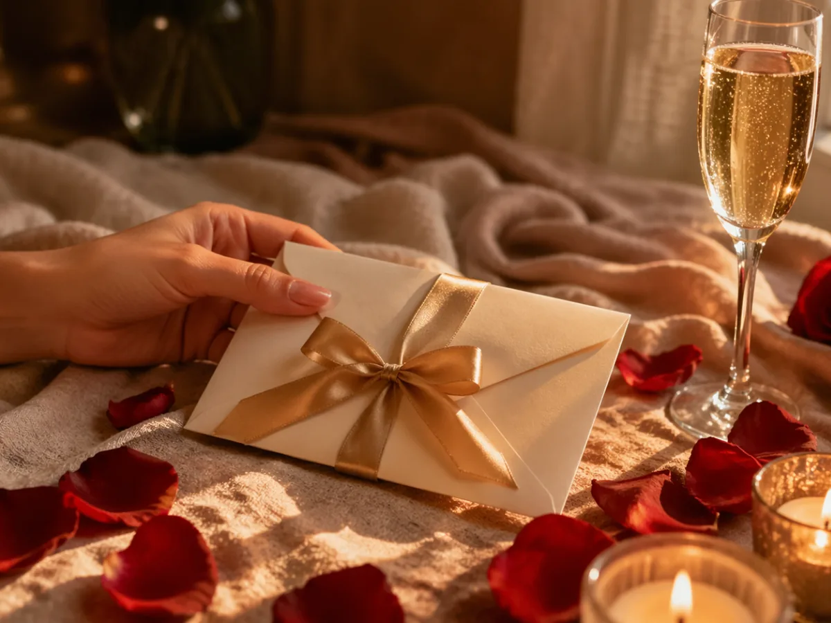 Carte cadeau séjour romantique avec enveloppe dorée, pétales de rose et champagne