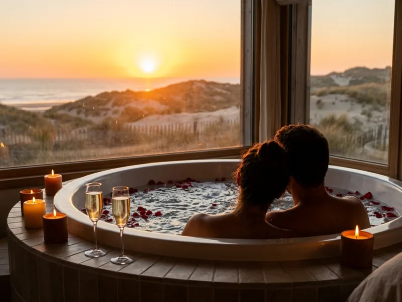 Chambre avec jacuzzi privatif en Vendée au coucher de soleil, couple face aux dunes de La Tranche-sur-Mer