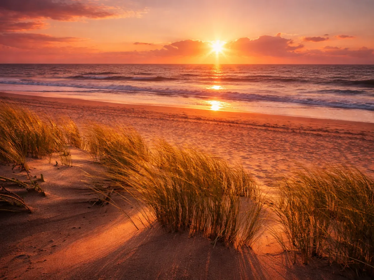Coucher de soleil sur les dunes de la Côte de Lumière — nuit romantique en Vendée à La Tranche-sur-Mer