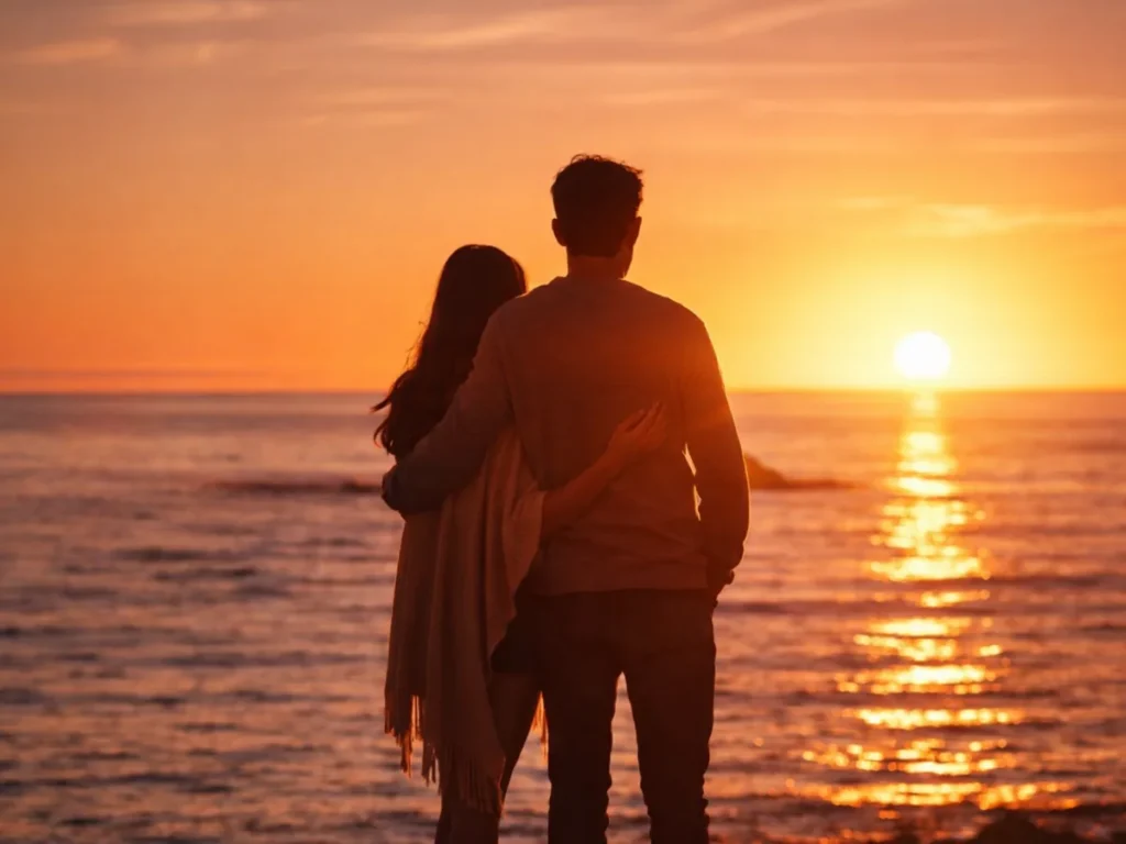 Couple enlacé face à l'océan au coucher de soleil sur la côte vendéenne