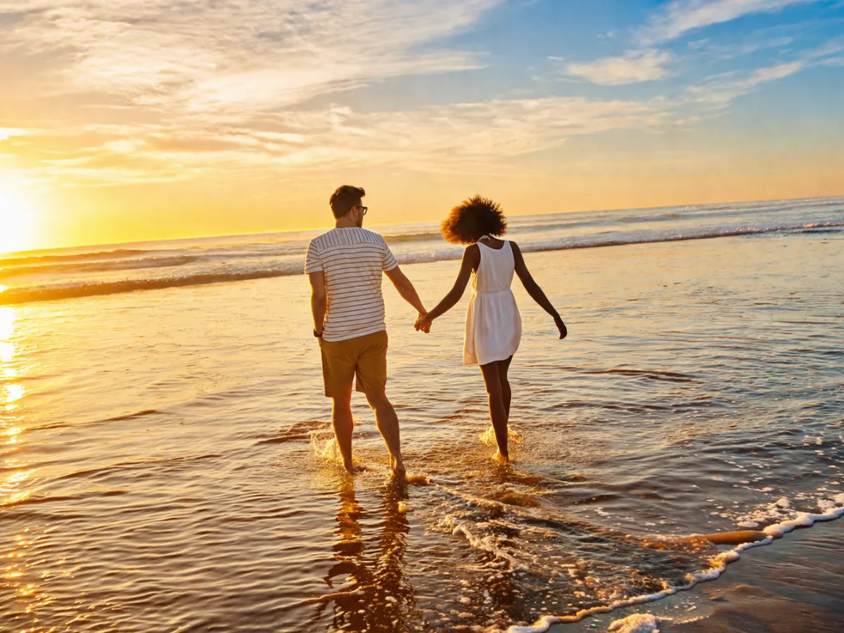 Couple main dans la main sur la plage au coucher de soleil — week-end en amoureux en Vendée
