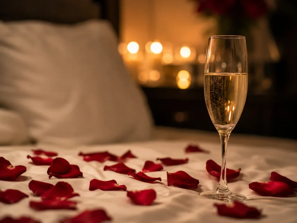 Pétales et champagne pour une surprise romantique en couple