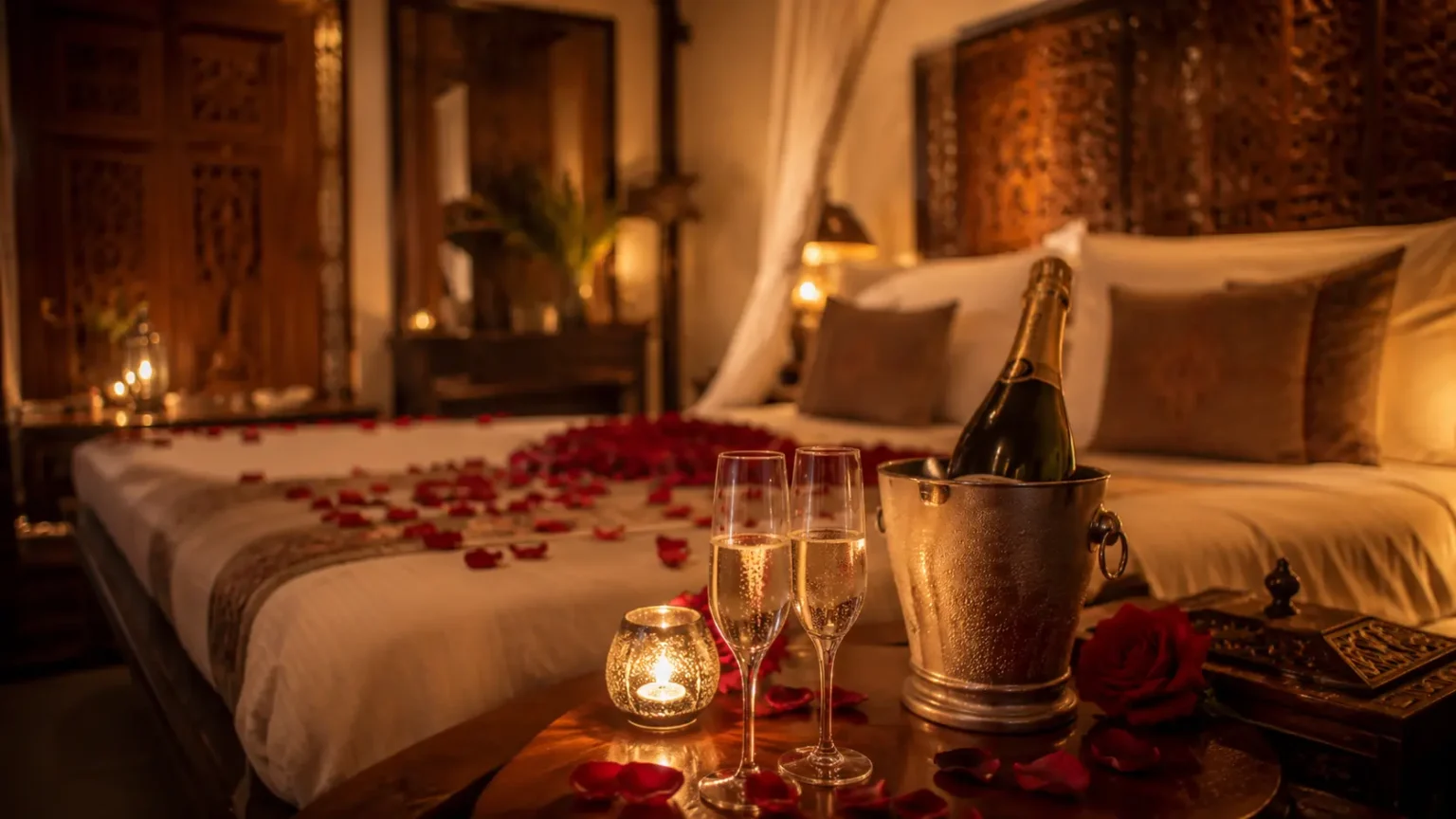 urprise romantique pour elle préparée dans une chambre tamisée