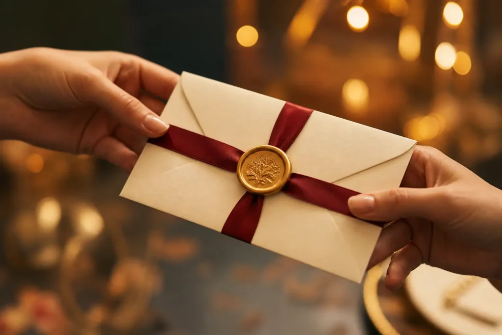 Carte cadeau séjour romantique offerte à un couple, enveloppe crème scellée d'un sceau doré