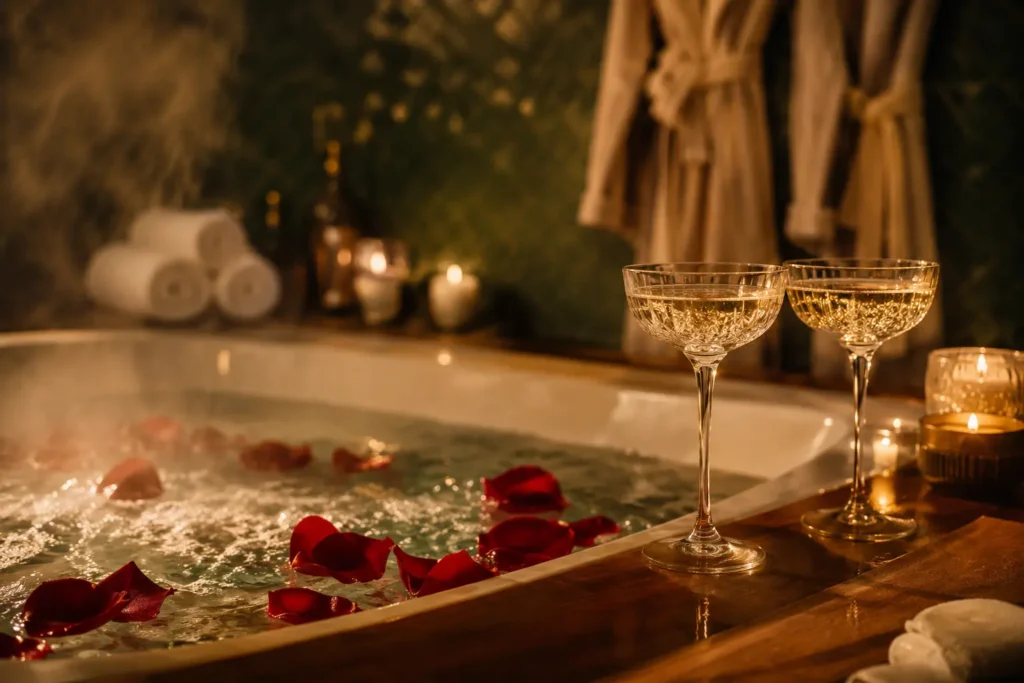 Chambre balnéo couple avec spa privatif, ambiance romantique avec champagne et pétales de rose flottant sur l'eau