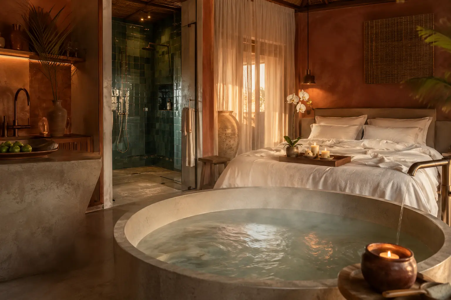 Chambre romantique avec spa privatif et balnéo ronde pour deux, ambiance coucher de soleil dans une suite d'inspiration balinaise