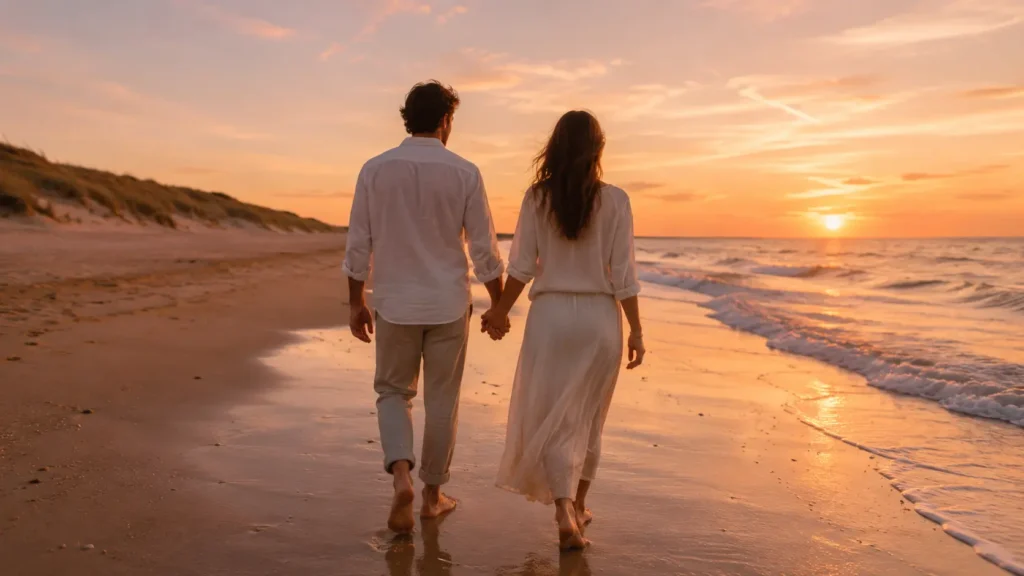 Couple romantique au coucher du soleil sur la plage de la côte atlantique en Vendée, escapade love room bord de mer