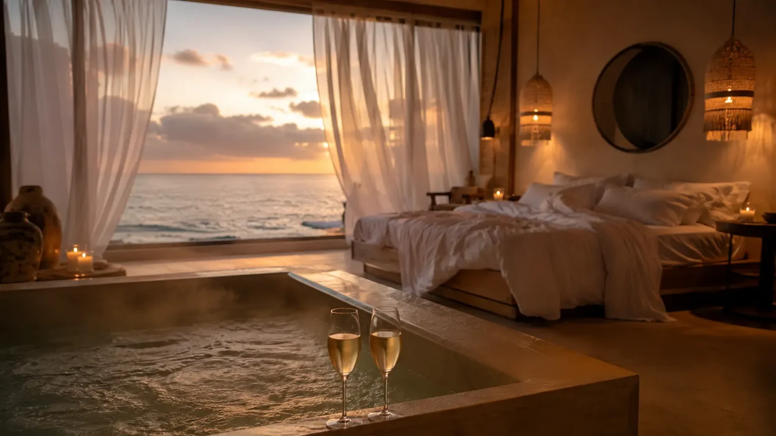 Love room bord de mer avec balnéo privative et lumière tamisée, ambiance romantique face à l'océan