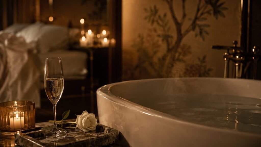 Détail intime d'une love room avec balnéo privatisée et lumière tamisée pour week-end en amoureux