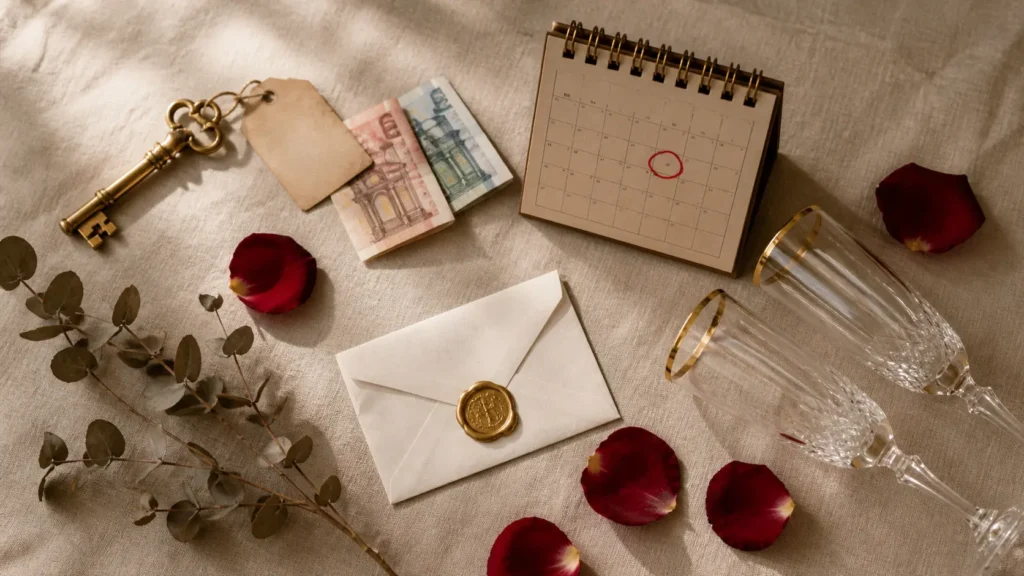 Composition flat lay évoquant une love room pas cher : clé dorée, billets en euros, calendrier avec date entourée, deux coupes de champagne et pétales de rose