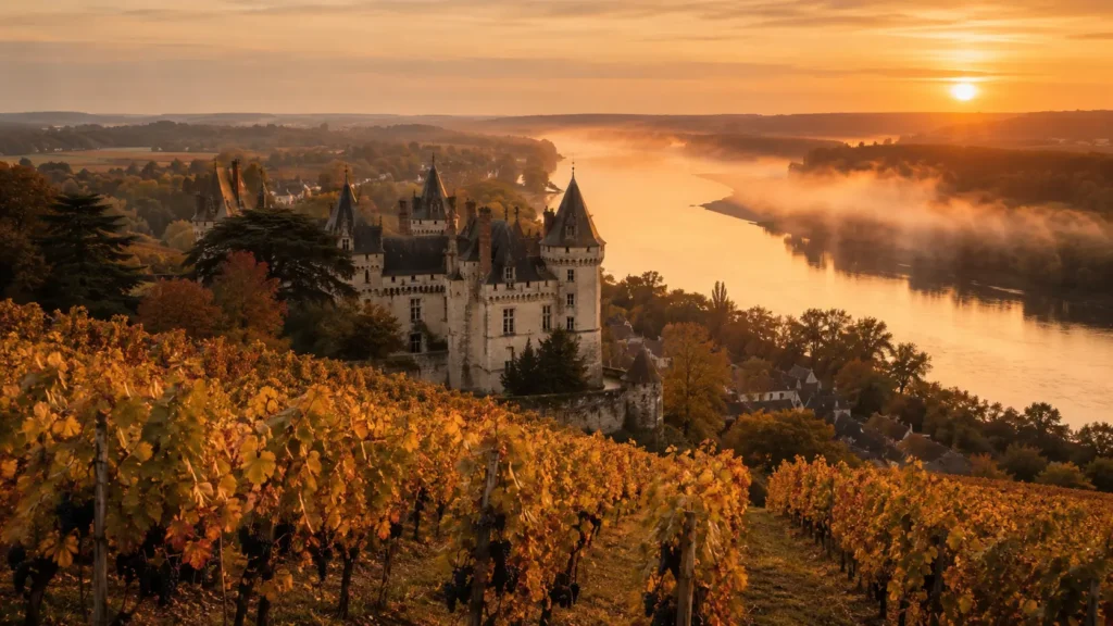Paysage typique des Pays de la Loire entre vignobles d'Anjou et châteaux pour escapade romantique en couple