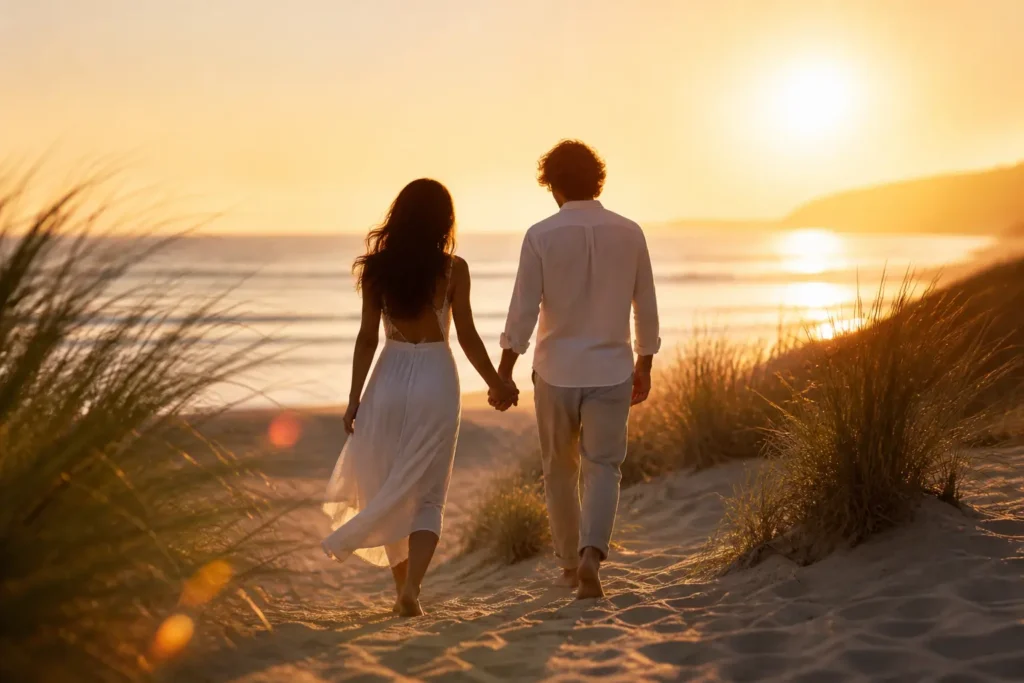 Couple en escapade romantique main dans la main marchant sur les dunes de la côte vendéenne au coucher du soleil