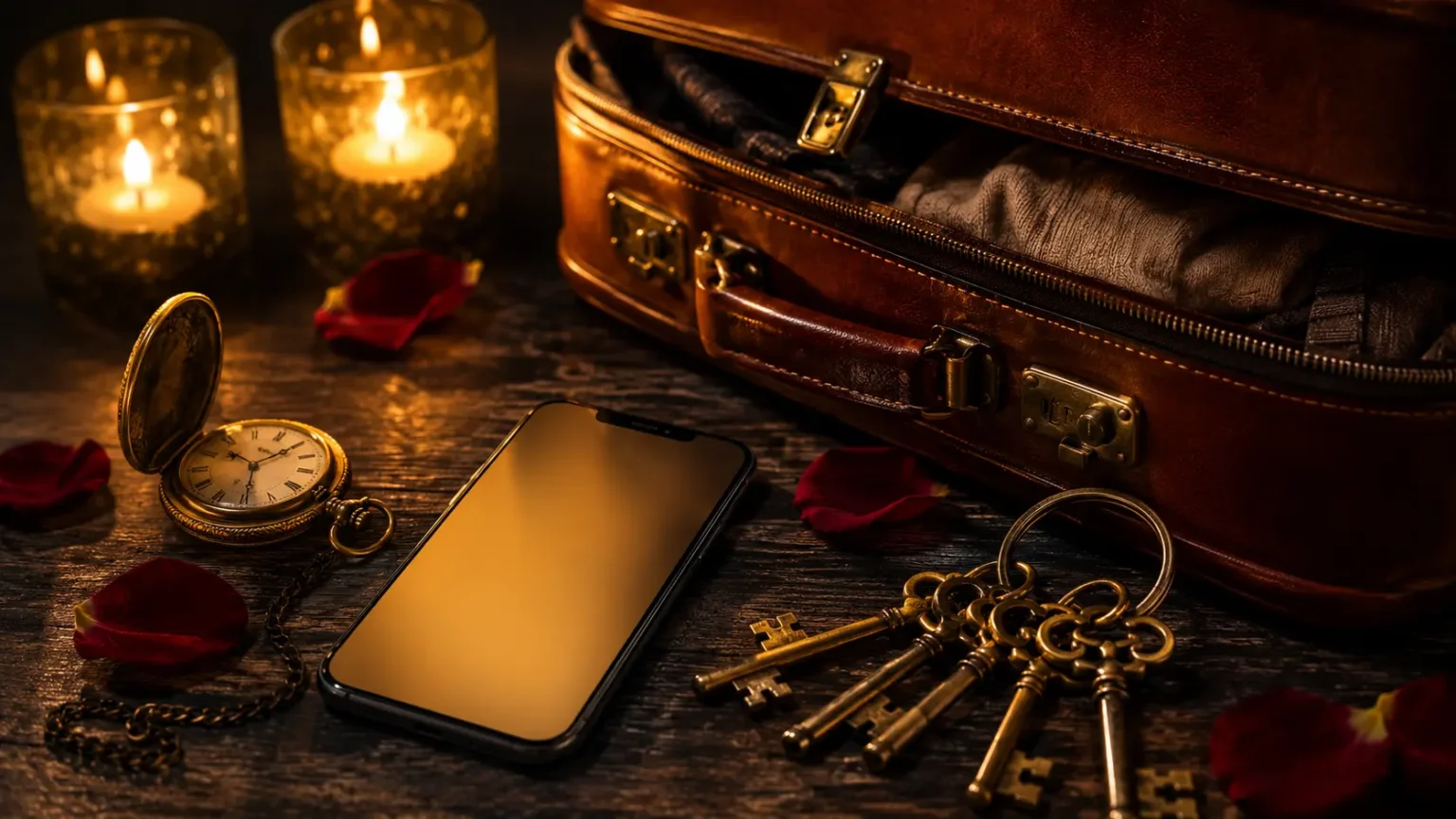 Réserver une love room dernière minute, smartphone, clés et valise de week-end dans une ambiance dorée aux bougies