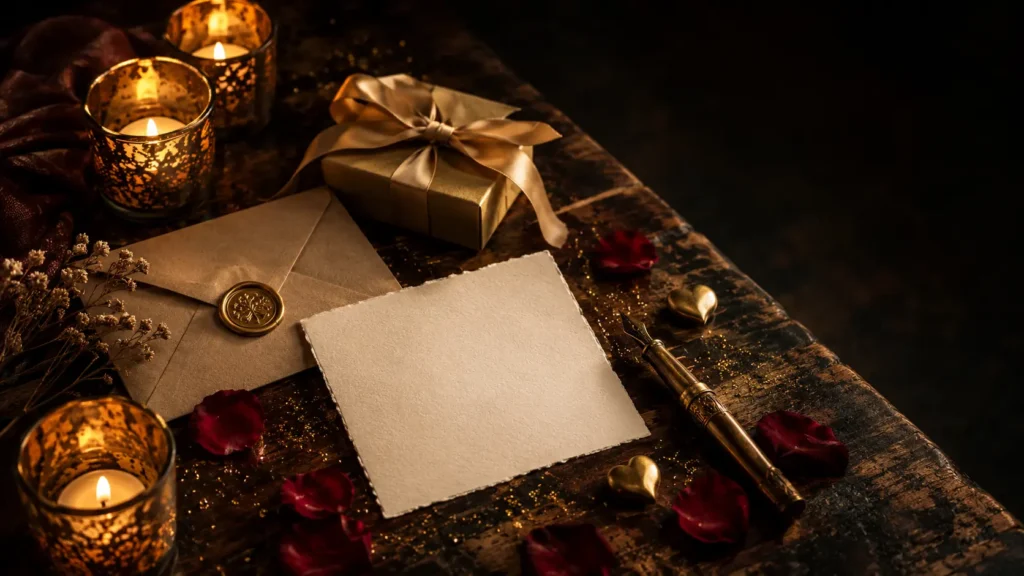 Enveloppe scellée de cire dorée et écrin cadeau aux chandelles, pour offrir une nuit en love room