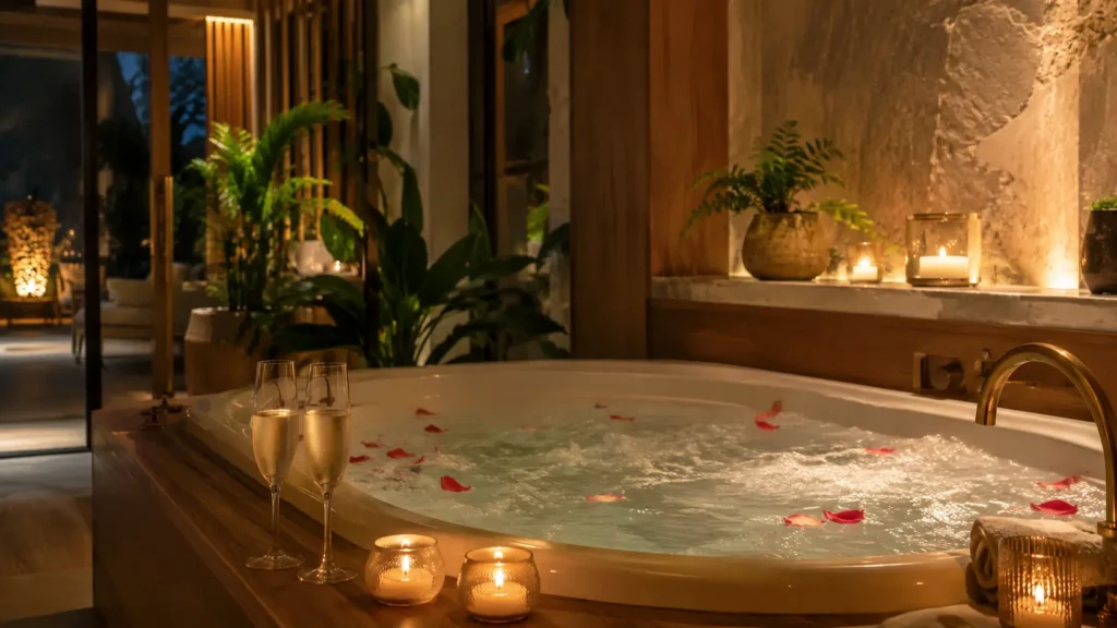 spa privatif pour couple en France, bain balnéo romantique aux chandelles