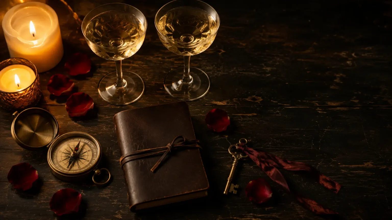 Préparatifs d'une escapade amoureuse, carnet de voyage, bougies et pétales de rose sur bois sombre, esprit Le Rêve Balinais