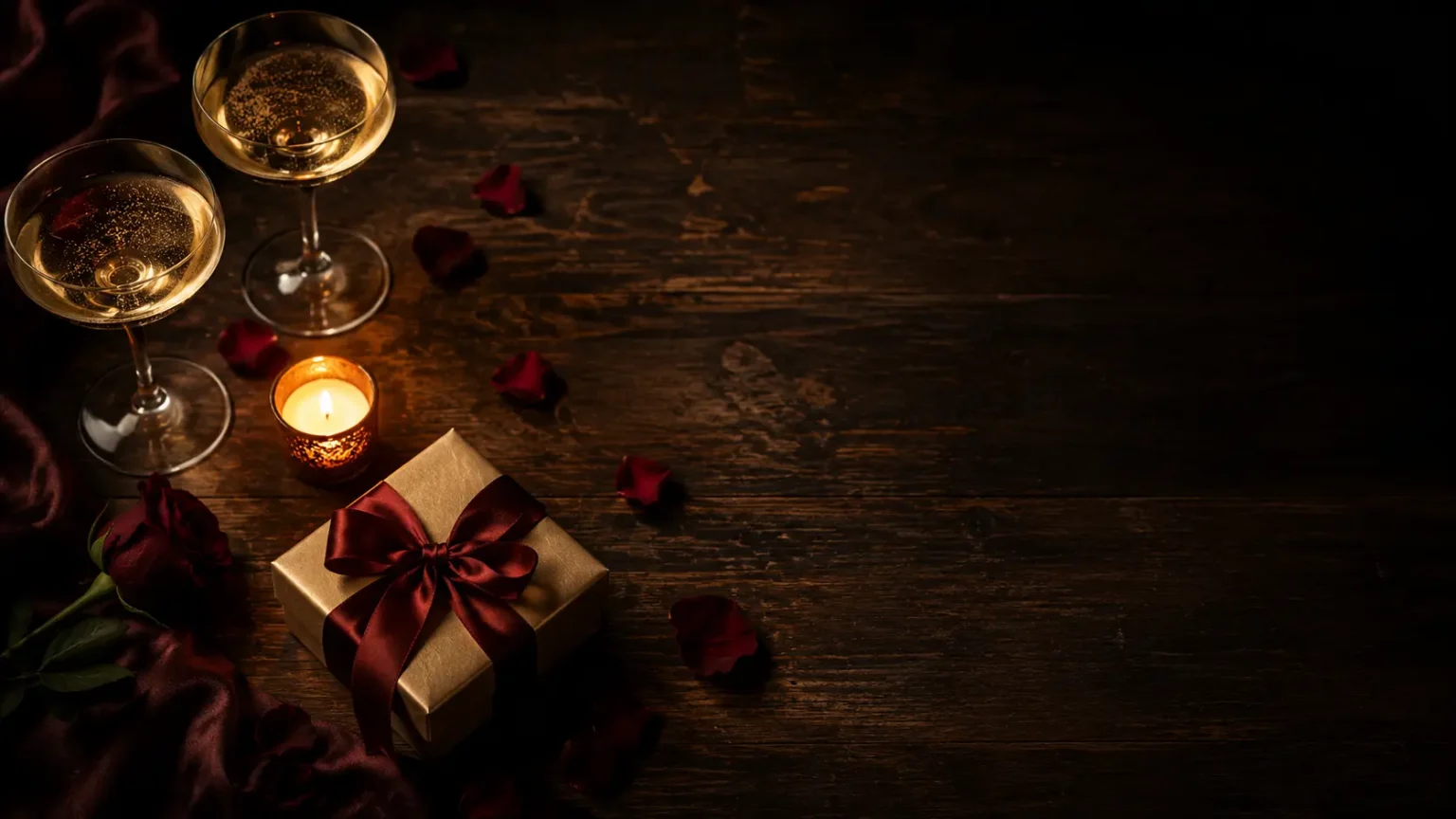 Coffret cadeau et pétales aux chandelles pour offrir une love room à un anniversaire