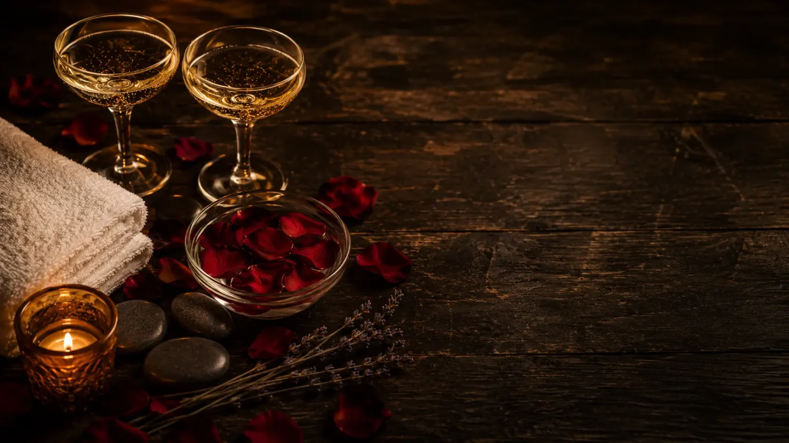 Ambiance spa et balnéo romantique pour un week-end balnéo couple, bougies et pétales de rose