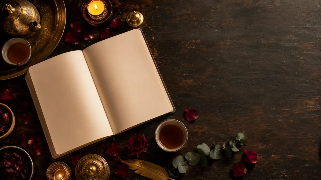 Idée week-end en amoureux, préparatifs romantiques avec carnet, bougies et pétales