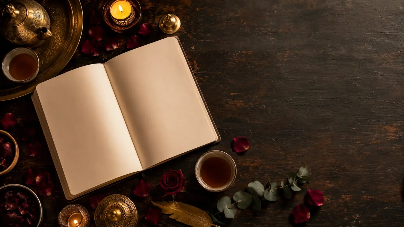 Idée week-end en amoureux, préparatifs romantiques avec carnet, bougies et pétales
