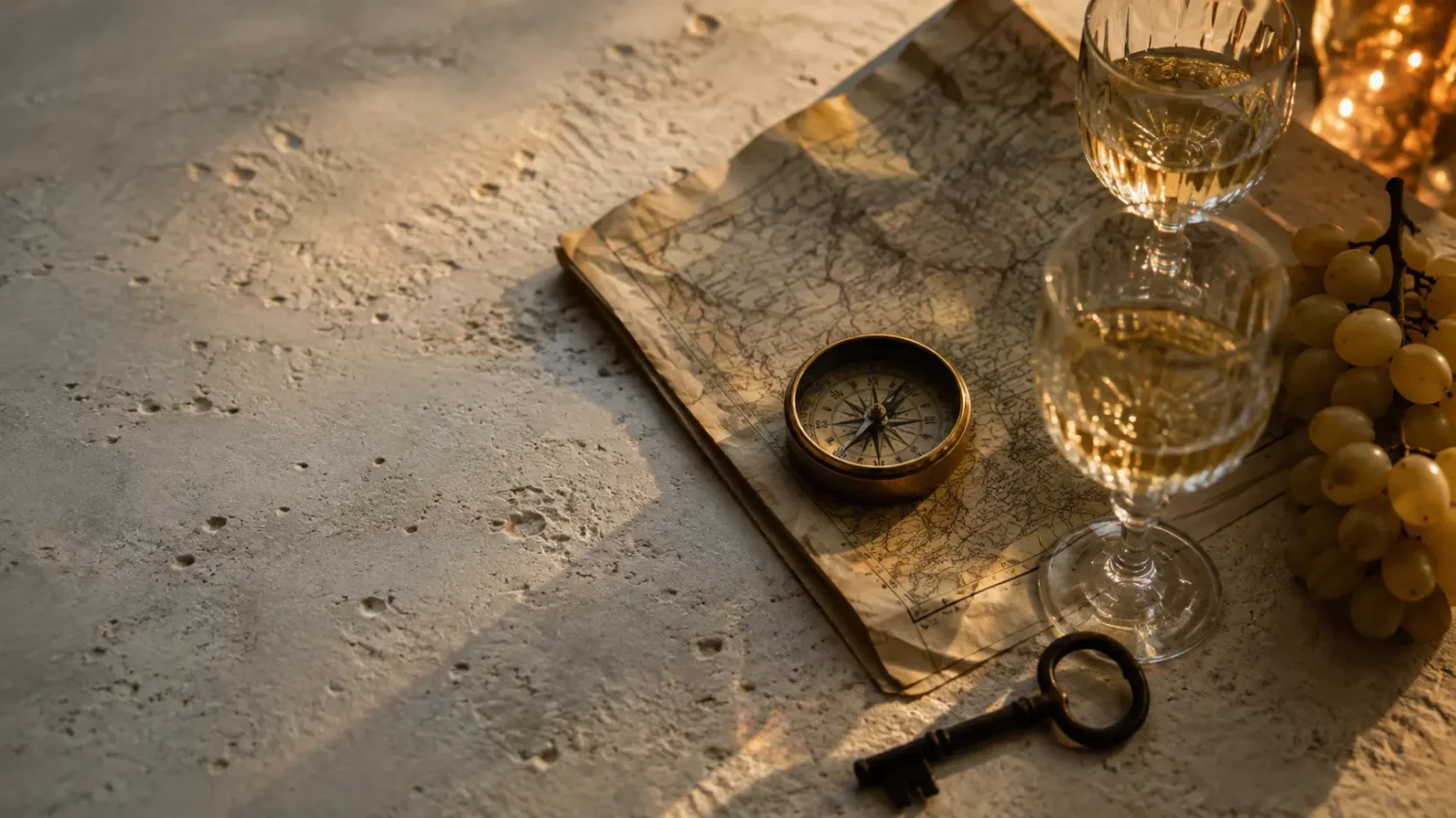 Carte, boussole et verres sur pierre de tuffeau évoquant une love room Tours en Val de Loire