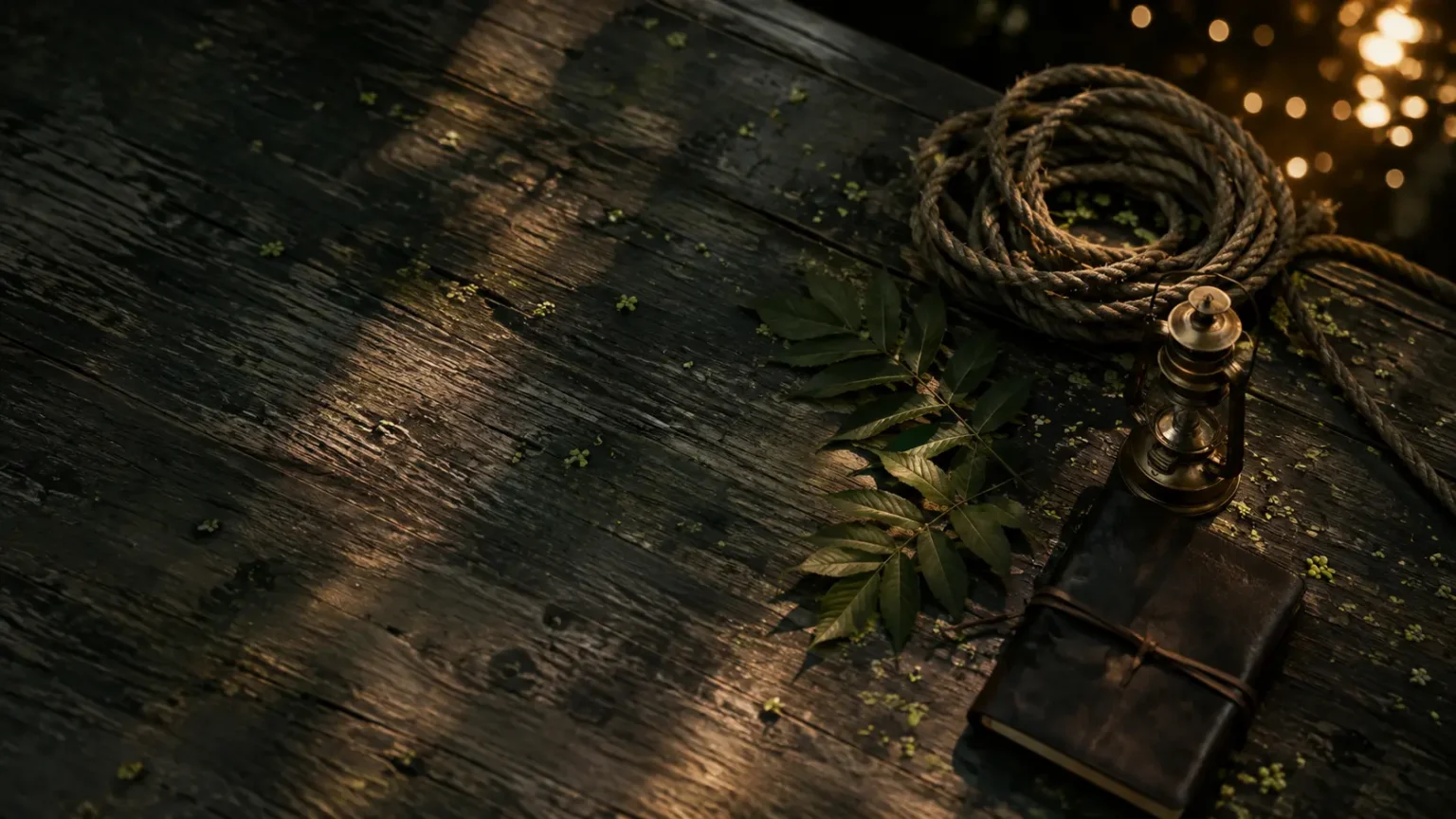 Bois de barque, corde et feuilles de frêne évoquant une balade en couple dans le Marais Poitevin, Venise Verte