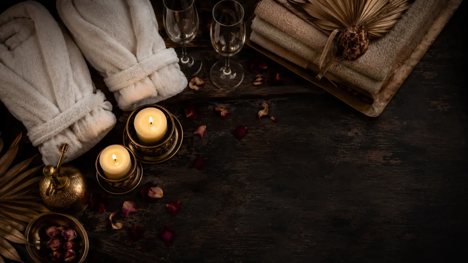 Peignoirs et bougies préparés pour un week-end détente couple spa en Vendée