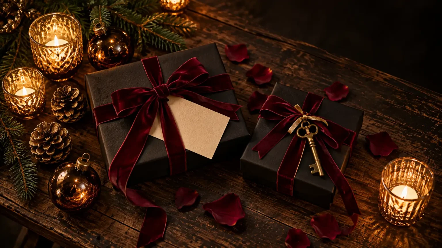 Idée cadeau Noël couple, paquets noués de velours bordeaux et clé en laiton aux chandelles